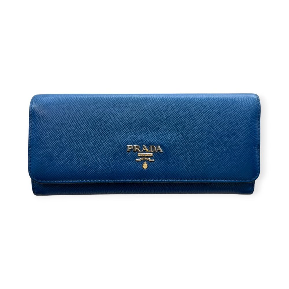 Authentic Prada Blue Saffiano Leather Continental Wallet